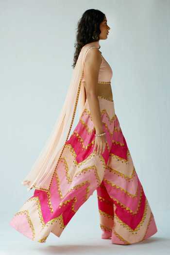 Priyal Prakash_Pink Silk, Net Sequins, Applique Zig Zag Embroidered Sharara Blouse Set _Online_at_Aza_Fashions
