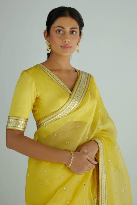 Buy_Priyal Prakash_Yellow Silk Organza, Cotton Satin, Polyester Embroidered Saree With Blouse_Online_at_Aza_Fashions