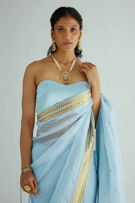 Shop_Priyal Prakash_Blue Silk Organza, Cotton Satin, Polyester Embroidered Saree With Blouse_Online_at_Aza_Fashions