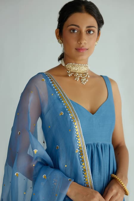 Priyal Prakash_Blue Chanderi, Cotton, Organza Embroidery, Zari, Anarkali Set With Dupatta _Online_at_Aza_Fashions
