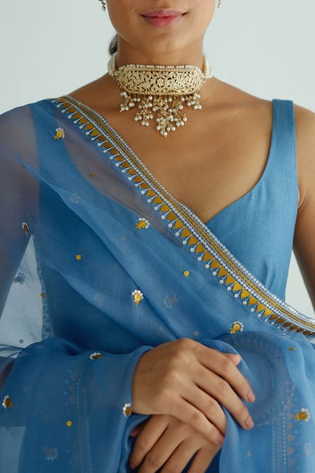 Buy_Priyal Prakash_Blue Chanderi, Cotton, Organza Embroidery, Zari, Anarkali Set With Dupatta _Online_at_Aza_Fashions