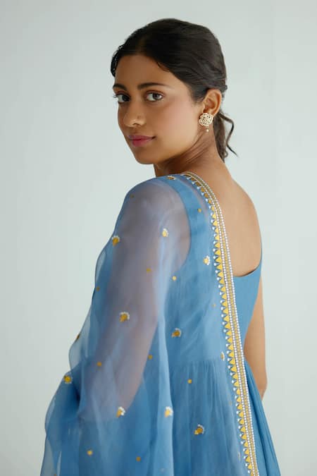 Shop_Priyal Prakash_Blue Chanderi, Cotton, Organza Embroidery, Zari, Anarkali Set With Dupatta _Online_at_Aza_Fashions