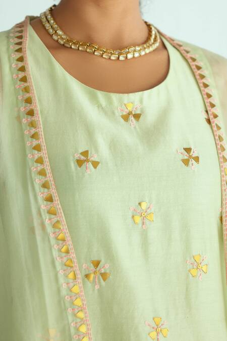 Buy_Priyal Prakash_Green Organza, Chanderi Embroidery, Sequins Open Neck, Round Jacket Kurta Set_Online_at_Aza_Fashions