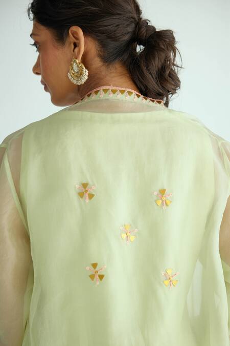 Shop_Priyal Prakash_Green Organza, Chanderi Embroidery, Sequins Open Neck, Round Jacket Kurta Set_Online_at_Aza_Fashions