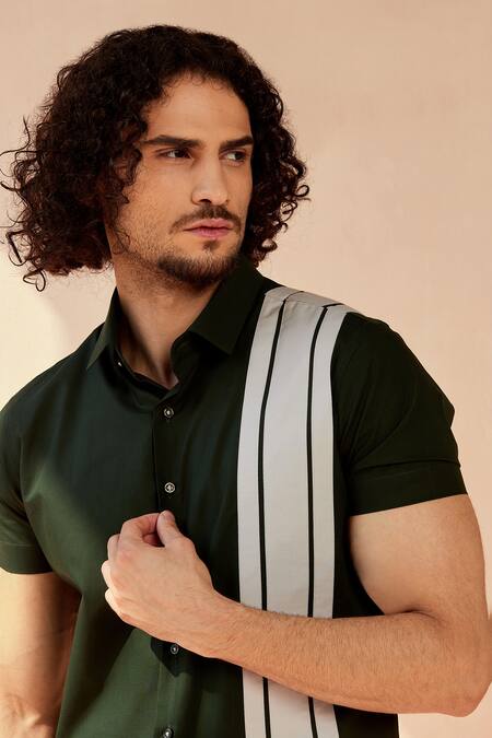 Buy_Seven_Green Cotton Satin Striped Just Aston Shirt_Online_at_Aza_Fashions