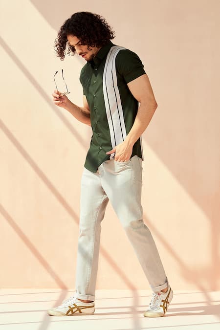 Shop_Seven_Green Cotton Satin Striped Just Aston Shirt_Online_at_Aza_Fashions