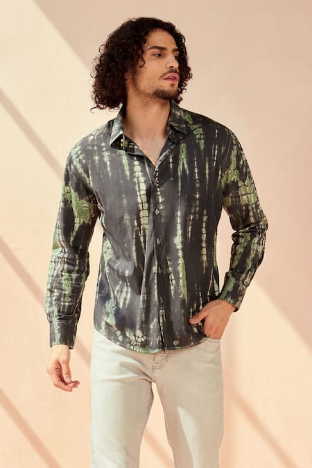 Buy_Seven_Grey Cotton Satin Miramar Tie-dye Shirt_Online_at_Aza_Fashions
