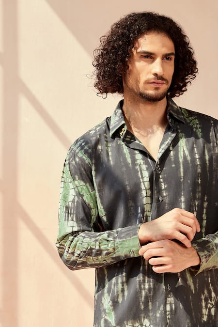 Seven_Grey Cotton Satin Miramar Tie-dye Shirt_at_Aza_Fashions