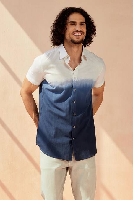 Seven White Cotton Linen Blend Ombre Tie-dye Shirt Online at Aza Fashions Seven_White Cotton Linen Blend Ombre Tie-dye Shirt_Online_at_Aza_Fashions