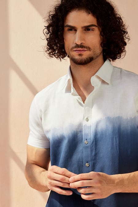 Buy Seven White Cotton Linen Blend Ombre Tie-dye Shirt Online at Aza Fashions Buy_Seven_White Cotton Linen Blend Ombre Tie-dye Shirt_Online_at_Aza_Fashions