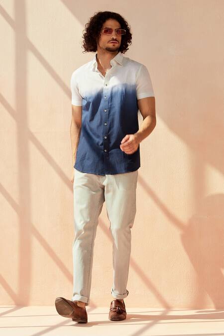 Shop Seven White Cotton Linen Blend Ombre Tie-dye Shirt Online at Aza Fashions Shop_Seven_White Cotton Linen Blend Ombre Tie-dye Shirt_Online_at_Aza_Fashions