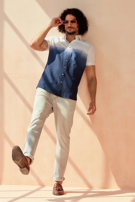 Seven White Cotton Linen Blend Ombre Tie-dye Shirt at Aza Fashions Seven_White Cotton Linen Blend Ombre Tie-dye Shirt_at_Aza_Fashions