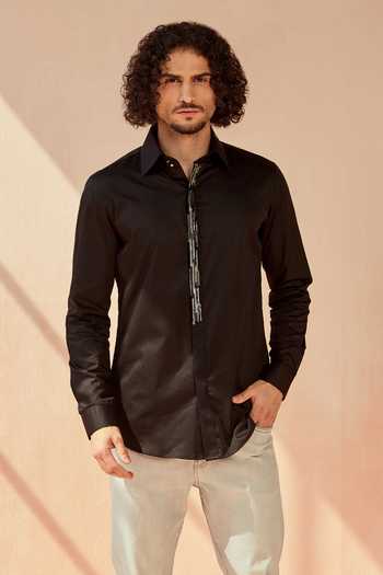 Seven Black Cotton Satin Metal Shine Onn Embroidered Placket Shirt Online at Aza Fashions Seven_Black Cotton Satin Metal Shine Onn Embroidered Placket Shirt_Online_at_Aza_Fashions