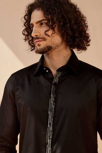 Buy Seven Black Cotton Satin Metal Shine Onn Embroidered Placket Shirt Online at Aza Fashions Buy_Seven_Black Cotton Satin Metal Shine Onn Embroidered Placket Shirt_Online_at_Aza_Fashions