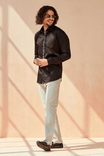 Shop Seven Black Cotton Satin Metal Shine Onn Embroidered Placket Shirt Online at Aza Fashions Shop_Seven_Black Cotton Satin Metal Shine Onn Embroidered Placket Shirt_Online_at_Aza_Fashions