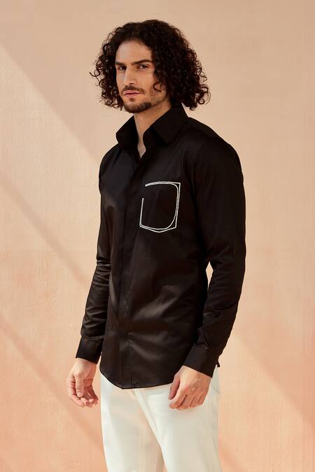 Seven_Black Cotton Satin Pocket Mock Shirt_Online_at_Aza_Fashions