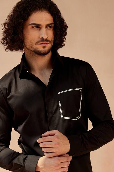 Buy_Seven_Black Cotton Satin Pocket Mock Shirt_Online_at_Aza_Fashions