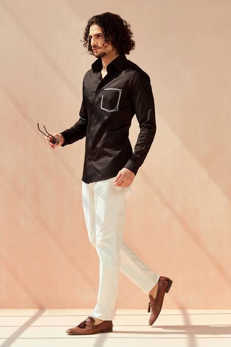 Shop_Seven_Black Cotton Satin Pocket Mock Shirt_Online_at_Aza_Fashions