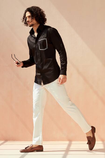 Seven_Black Cotton Satin Pocket Mock Shirt_at_Aza_Fashions