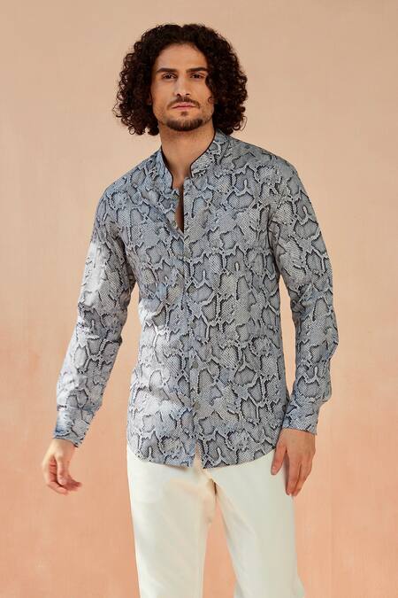 Seven_Grey Cotton Satin Python Print Shirt_Online_at_Aza_Fashions