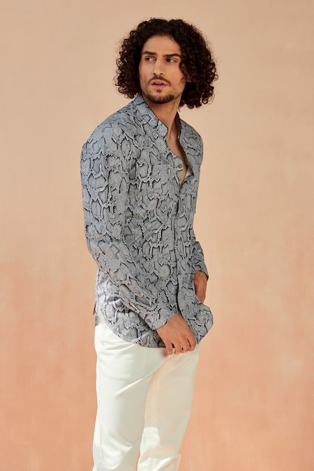Buy_Seven_Grey Cotton Satin Python Print Shirt_Online_at_Aza_Fashions
