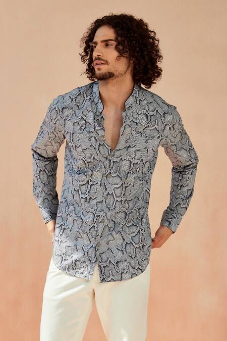 Shop_Seven_Grey Cotton Satin Python Print Shirt_Online_at_Aza_Fashions