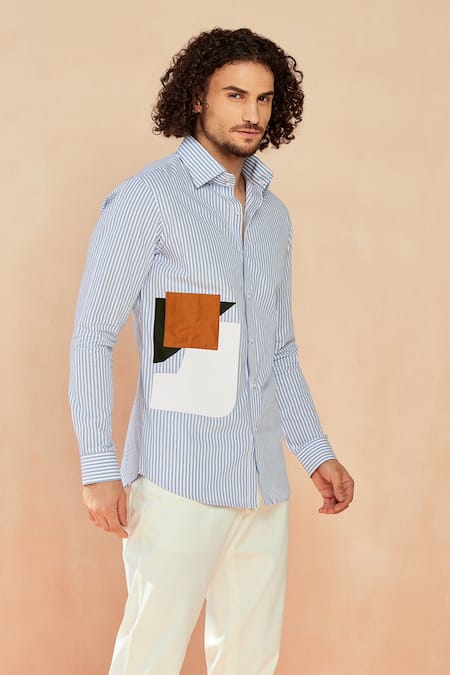 Seven_Blue Cotton Satin Picasso Striped And Patchwork Shirt_Online_at_Aza_Fashions
