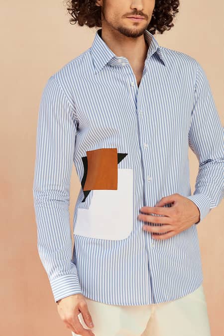 Buy_Seven_Blue Cotton Satin Picasso Striped And Patchwork Shirt_Online_at_Aza_Fashions