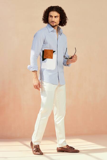 Seven_Blue Cotton Satin Picasso Striped And Patchwork Shirt_at_Aza_Fashions