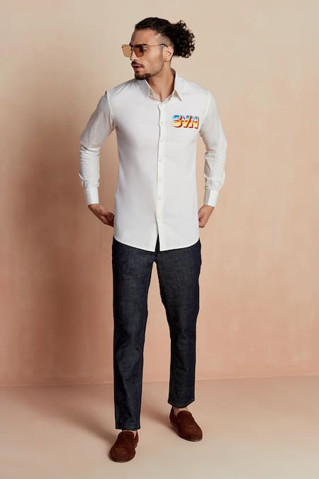 Seven_White Cotton Satin Arcade Cuff Sleeve Shirt _Online_at_Aza_Fashions