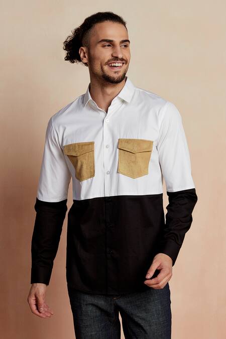 Seven_Black Cotton Satin Dos Patch Colorblock Shirt_Online_at_Aza_Fashions