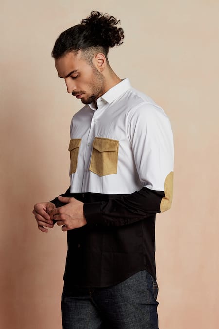 Buy_Seven_Black Cotton Satin Dos Patch Colorblock Shirt_Online_at_Aza_Fashions