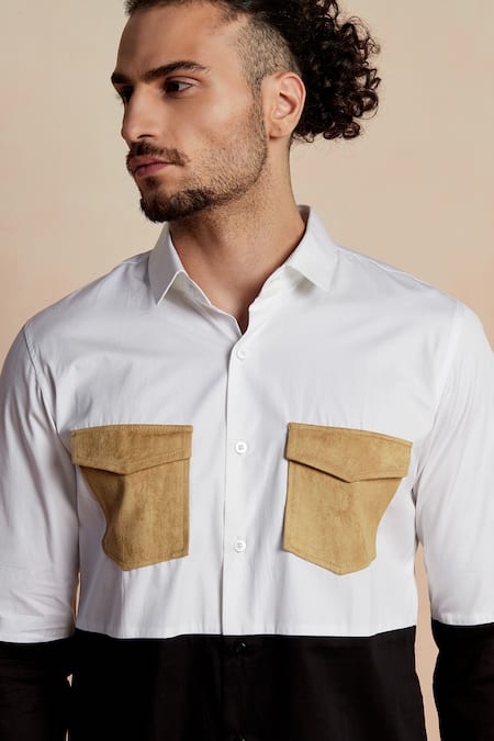 Shop_Seven_Black Cotton Satin Dos Patch Colorblock Shirt_Online_at_Aza_Fashions