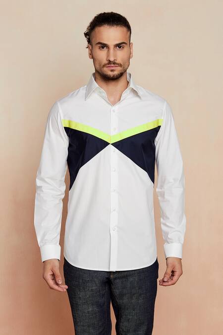 Seven_White Cotton Satin Colorblock Shirt_Online_at_Aza_Fashions