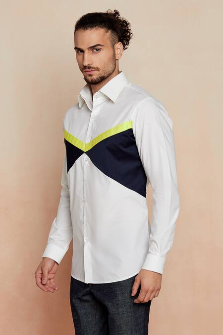Buy_Seven_White Cotton Satin Colorblock Shirt_Online_at_Aza_Fashions