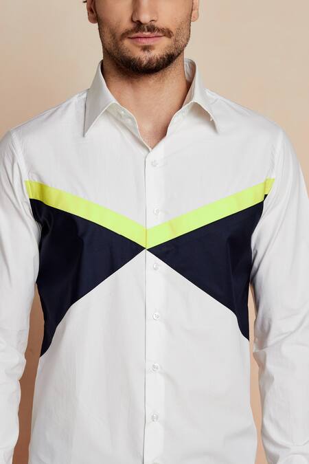 Shop_Seven_White Cotton Satin Colorblock Shirt_Online_at_Aza_Fashions