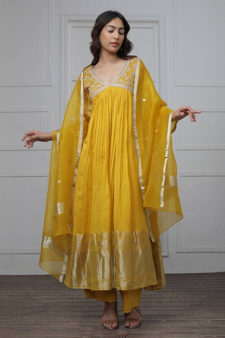 Myoho_Yellow Silk Embroidery V-neck Anarkali Pant Set _Online_at_Aza_Fashions