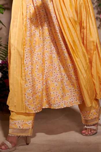 Shop_SHASHA GABA_Yellow Viscose, Organza, Silk, Chanderi Printed Glory A-line Anarkali And Pant Set _Online_at_Aza_Fashions