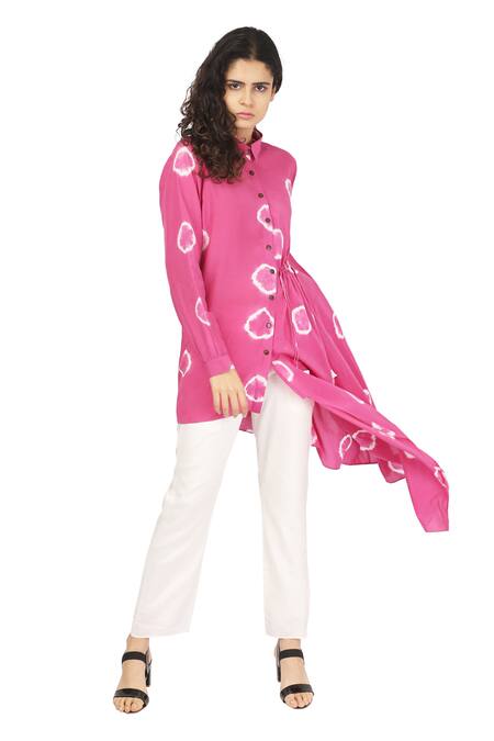 Buy_The Pot Plant Clothing_Pink Cotton Silk Shibori Draped Shirt Tunic_Online_at_Aza_Fashions