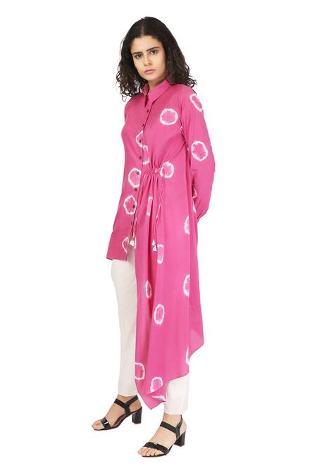 Shop_The Pot Plant Clothing_Pink Cotton Silk Shibori Draped Shirt Tunic_Online_at_Aza_Fashions