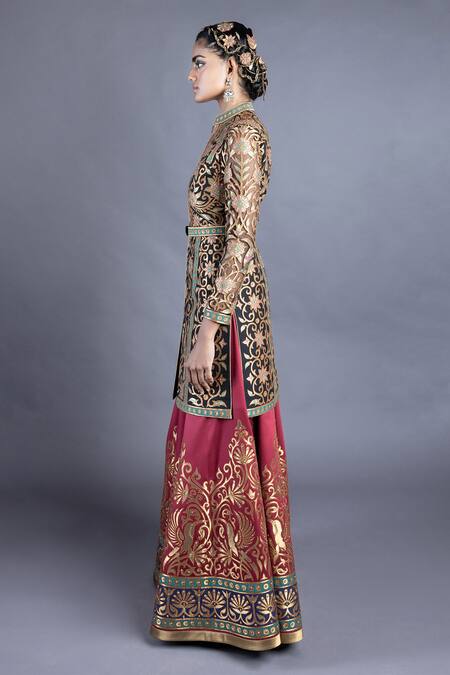 Abhishek Gupta_Black Raw Silk Embroidery Band Collar Jacket And Lehenga Set _Online_at_Aza_Fashions