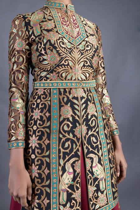 Buy_Abhishek Gupta_Black Raw Silk Embroidery Band Collar Jacket And Lehenga Set _Online_at_Aza_Fashions