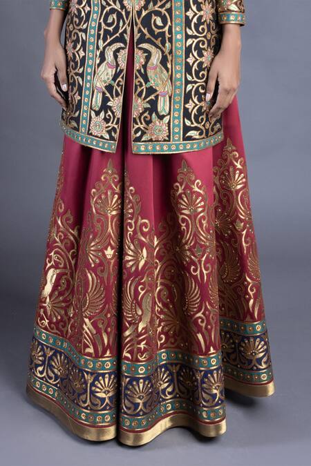 Shop_Abhishek Gupta_Black Raw Silk Embroidery Band Collar Jacket And Lehenga Set _Online_at_Aza_Fashions