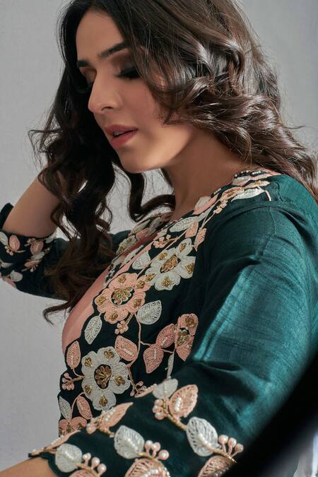 Buy_Suruchi Parakh_Green Tussar Silk Lining Shantoon Thread, Bead And Sequin, Jacket & Pant Set _Online_at_Aza_Fashions
