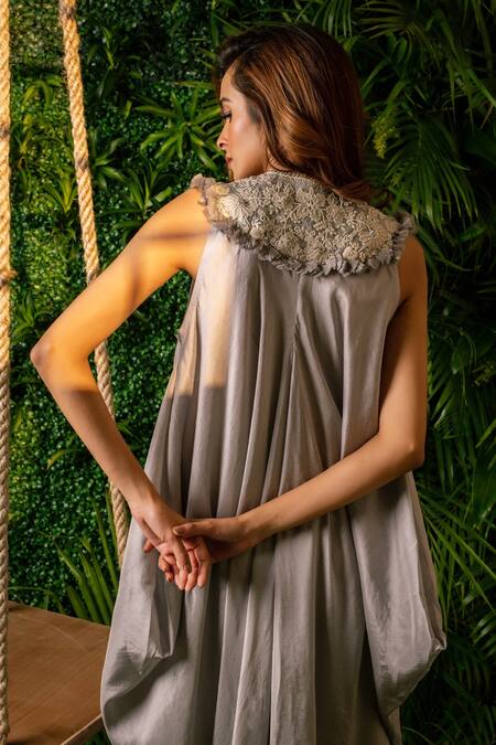 Buy_Pallavi Poddar_Grey Denim Beads, Embroidery Round Neck Cosmos Neckline Draped Jumpsuit _Online_at_Aza_Fashions