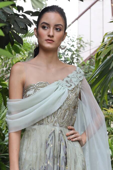 Geisha Designs_Green Embroidered Gown  _at_Aza_Fashions