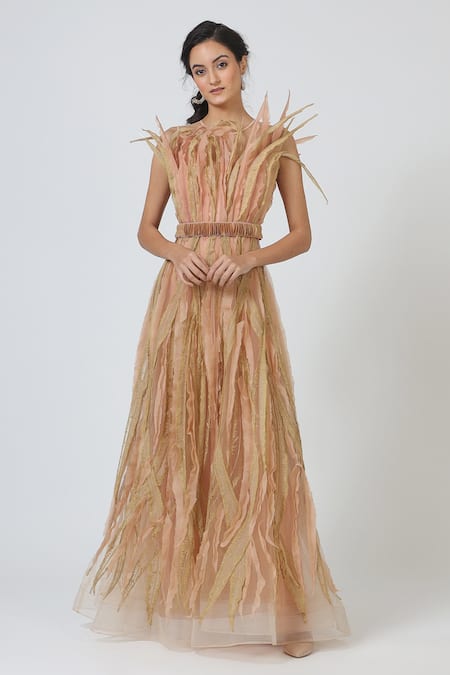 Shop Geisha Designs Beige Embroidered Gown With Belt at Aza Fashions Shop_Geisha Designs_Beige Embroidered Gown With Belt _at_Aza_Fashions