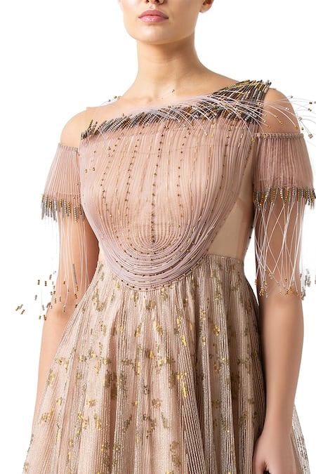 Geisha Designs_Pink Embroidered Off Shoulder Gown  _Online_at_Aza_Fashions