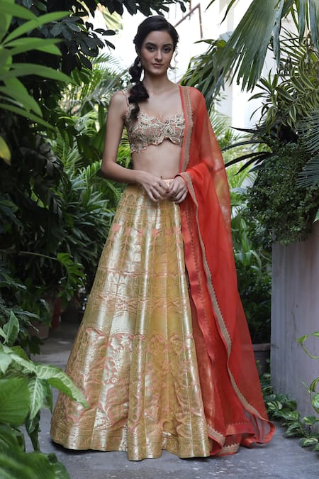 Geisha Designs Orange Brocade Lehenga Set