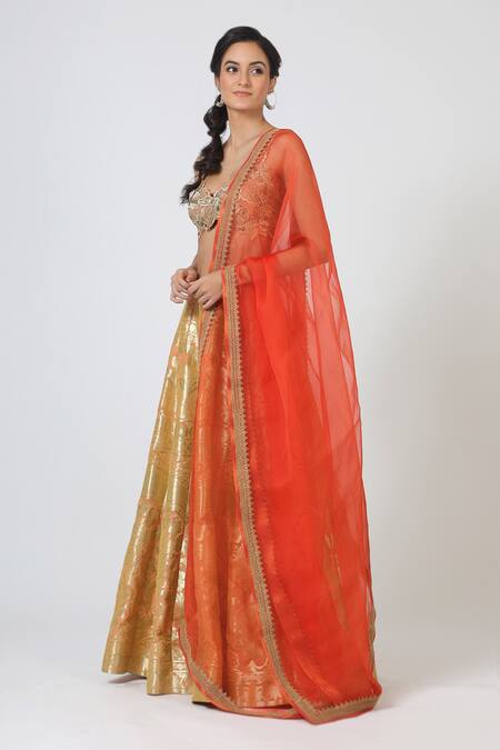 Geisha Designs_Orange Brocade Lehenga Set_Online_at_Aza_Fashions